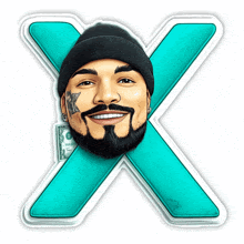 a man with a beard and a tattoo on his face is surrounded by a letter x