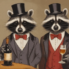 two raccoons wearing top hats and bow ties are holding a bottle of wine and a glass