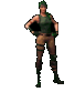 a pixel art of a woman in a green tank top and brown pants .