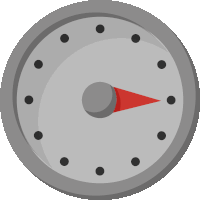 a clock with black dots and a red arrow pointing to the number 6