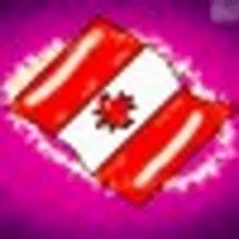 a red and white canadian flag with a maple leaf on it is on a pink background .