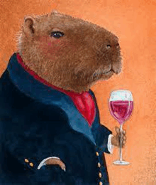 a painting of a capybara in a suit holding a glass of wine .