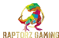 a logo for raptorz gaming with a colorful dinosaur in a circle