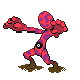 a pixel art drawing of a red and purple monster standing on a white background .