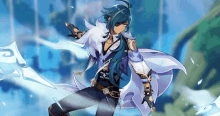 a man with long blue hair and a white coat is holding a sword