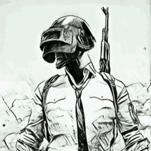 a drawing of a man wearing a helmet and tie holding a gun .