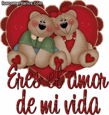 a couple of teddy bears sitting next to each other with the words " eres el amor de mi vida " below them