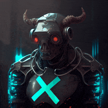 a robot with horns and headphones has a blue x on its chest