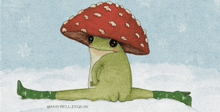 a frog wearing a mushroom hat is doing a split in the snow