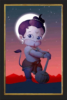 a cartoon drawing of a baby hanuman holding a hammer .