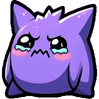 a purple cartoon character with a sad face and tears in its eyes .