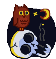 a cartoon owl sitting on top of a skull with a crescent moon in the background