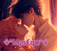 a man and a woman kissing with the word mineq on the bottom right