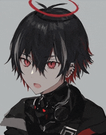 a black and red anime boy with a halo on his head .