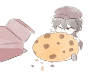 a drawing of a boy eating a cookie with chocolate chips