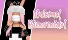 a picture of a girl wearing a mask with the words welcome bienvenido on the bottom