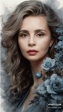 a woman 's face is surrounded by blue roses and the hashtag #photolab is on the bottom right