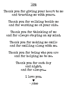 a black and white poem that says thank you for giving your heart to me and trusting me with yours .