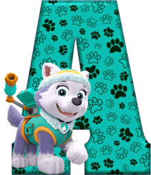 a letter a with paw prints on it and a husky dog on it