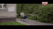 a woman pushes a shopping cart with a man sitting in it and a sign that says thc on the bottom