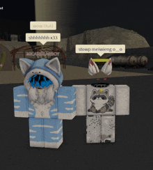 two roblox characters are standing next to each other and one of them has a raccoon on his shirt