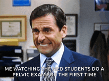 a man in a suit and tie is making a funny face while watching the med students do a pelvic exam