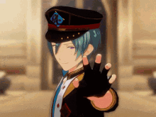 a blue haired anime character wearing a black hat and gloves is waving his hand