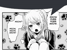 a black and white image of a girl with a speech bubble that says meow purr purr meow