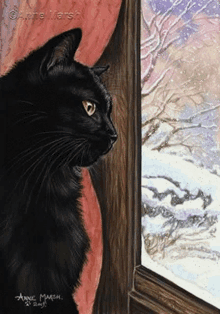 a painting of a black cat looking out of a window by annie marsh