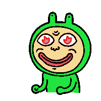 a cartoon of a green frog with red eyes and hearts in his eyes