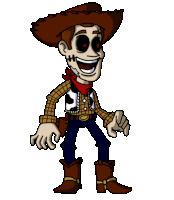 a cartoon of woody from toy story with red eyes and a cowboy hat