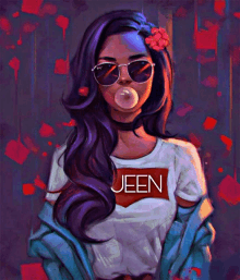 a painting of a girl wearing sunglasses and a shirt that says jeen