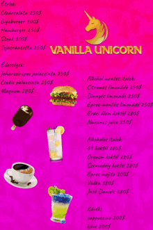 a menu for vanilla unicorn includes a hamburger and ice cream