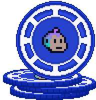 a stack of blue and white coins with a pixel art character in the middle