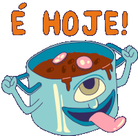 a cartoon drawing of a monster holding a pot of food with the words e hoje below it