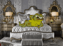 a frog is laying on a bed in a room