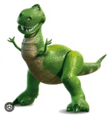 rex from toy story is standing on a white background with his arms outstretched and smiling .