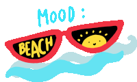 a pair of red sunglasses with the word beach on them