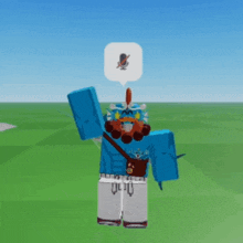 a robot with a microphone on his head is standing in a field .