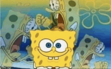 a cartoon of spongebob squarepants with his mouth open surrounded by other spongebobs .