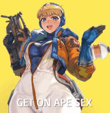 a cartoon of a girl holding a gun with the words get on ape sex written on the bottom .