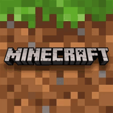 the minecraft logo is on a brick wall with a green field in the background .