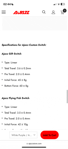 a screenshot of a jazz website showing specifications for a jazz gift switch and a jazz flying fish switch