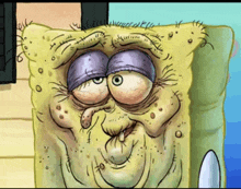 a cartoon drawing of spongebob with a purple eye