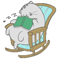 a cat is sleeping in a rocking chair reading a book