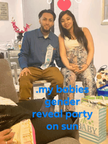 a man and a woman sitting next to each other with the words my babies gender reveal party on sun baby on the bottom