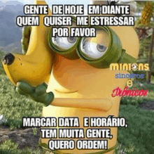 a cartoon of a minion holding a banana with a caption in portuguese .