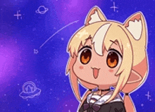 a cartoon girl with cat ears and a bow tie is standing in front of a galaxy .