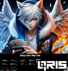 an advertisement for situs slot hari ini shows a man with wings holding a phone