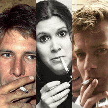 a man a woman and a man smoking cigarettes in a collage